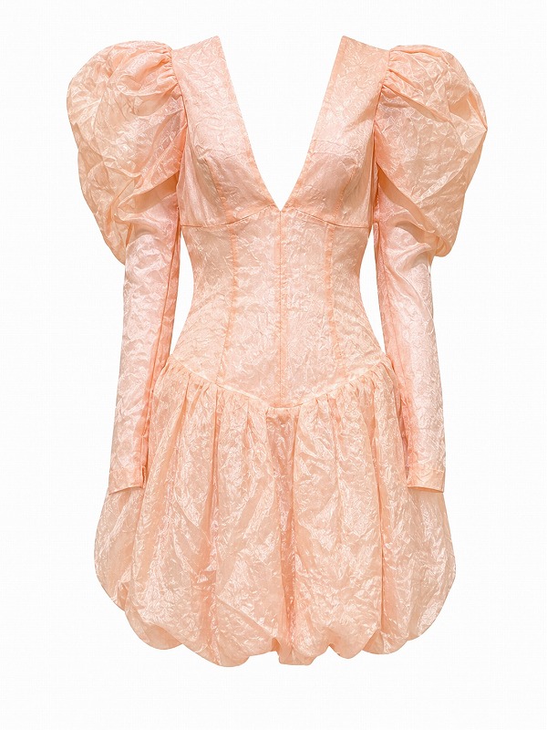 【新品DRESS 23】総レースパフスリーブバルーンスカートミニドレス ピンク【asos】